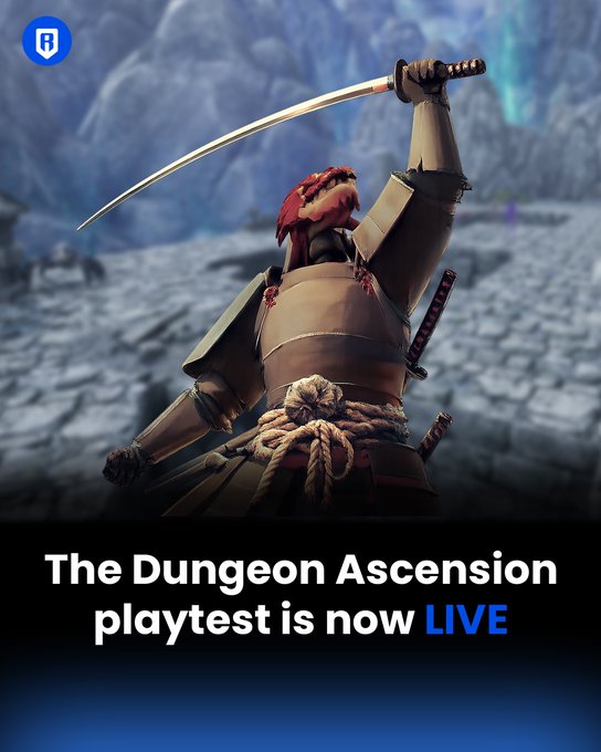 The image features a poster advertising a new game called "Kojin's Dungeon Ascension Playtest is now live!". The poster includes an illustration of a character holding a sword, with the text "The Dungeon Ascension Playtesst is now LIVE!" written below the image. This suggests that the game has been released and is ready for players to try out.