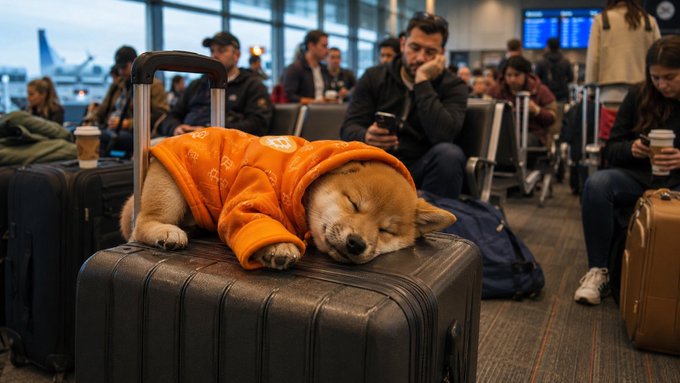 iced coffee, black suitcase with a dog sleeping on it, and people seated at airport terminal windowsills.