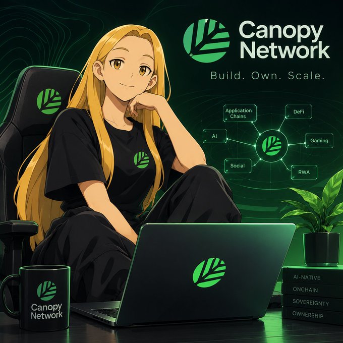 An anime-style illustration features a blonde woman sitting with a laptop, branded with 'Canopy Network' and the tagline 'Build. Own. Scale.', surrounded by nodes for AI, Social, DeFi, Gaming, and RWA.