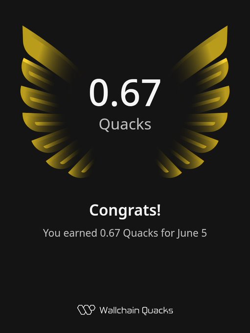 The image shows a poster or card with an illustration of a bird's wing, which has the number 0.67 printed below it. The text "Just earned 0.67 Quacks" indicates that someone has achieved a certain number of Quacks in one day. The poster also mentions that the user is entitled to 0.67 Quacks as a reward for their accomplishment.
