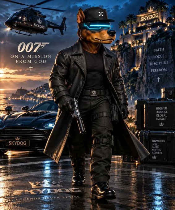 Digital artwork of an anthropomorphic dog character wearing a leather trench coat, cap, and glowing blue visor, holding a gun with '007 ON A MISSION FROM GOD' and 'SKYDOG LEGENDS NEVER RUN' text.