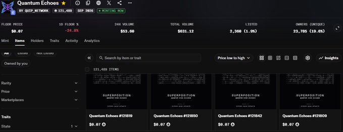 A screenshot of an NFT marketplace interface for a collection called 'Quantum Echoes' with a floor price of $0.07, showing statistics like 1D Volume of $53.60 and a Total Volume of $631.12.