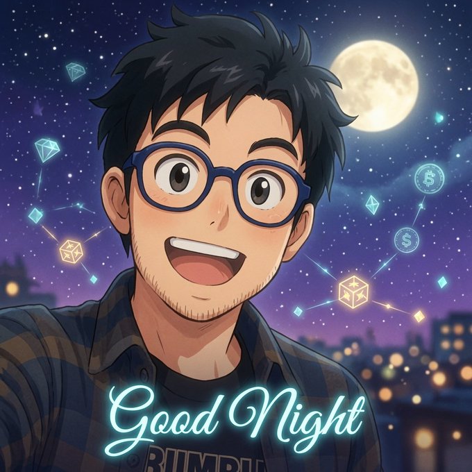 The image features a man wearing glasses with a plaid shirt and a neon sign that says "Good night" written below his face. The background shows a city skyline at night, with buildings lit up against the dark sky. There are also stars visible in the scene.