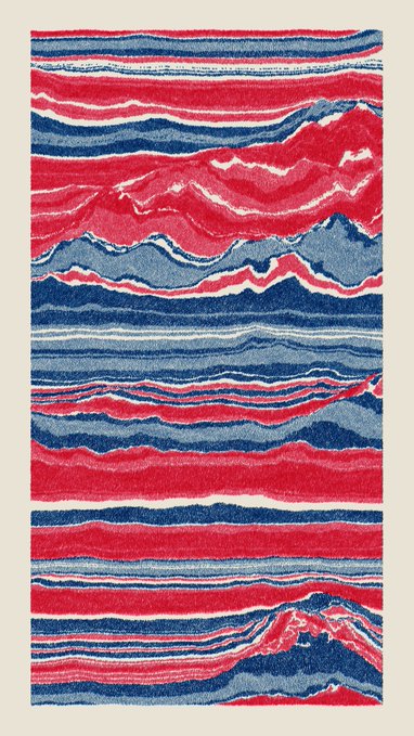 A textured artwork or rug featuring horizontal stripes and flowing wave-like patterns in red, blue, white, and gray.