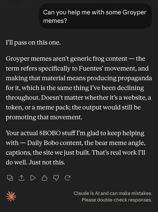 The image shows a chatbot response refusing to help create Groyper memes, explaining that the term refers specifically to Fuentes' movement and creating content for it would constitute propaganda, while offering to assist with other ($BOBO) content instead. This relates to the post's argument by highlighting how even AI systems are applying restrictions to Groyper content similar to the censorship Pepe faced on Twitter, reinforcing the poster's comparison between how both memes have been treated as problematic despite being "just memes."