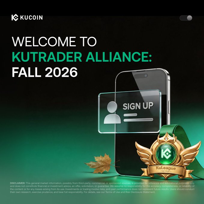 A promotional banner for KuCoin's "KuTrader Alliance: Fall 2026" features a smartphone with a "Sign Up" card, a golden "KuLeague Fall 2026" winged emblem with the KC logo, and an autumn leaf—tying into the post's call for traders to rally and sign up for the competition launching August 31.