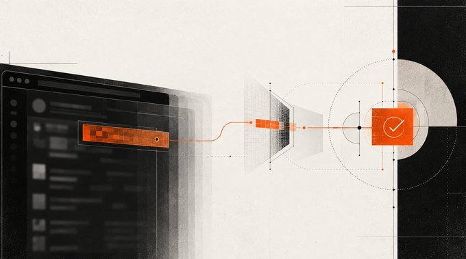 A stylized illustration showing a black device on the left connected by an orange line to a checkmark icon on the right, passing through various geometric shapes.
