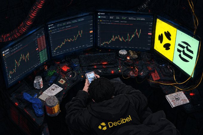 An overhead illustration of a person at a multi-monitor trading station with cryptocurrency charts, wearing a 'Decibel' hoodie while using a smartphone.