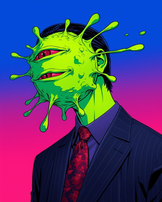 Illustration of a figure in a dark suit with a red tie whose face is melting into green, tentacle-like shapes against a blue and pink gradient background.