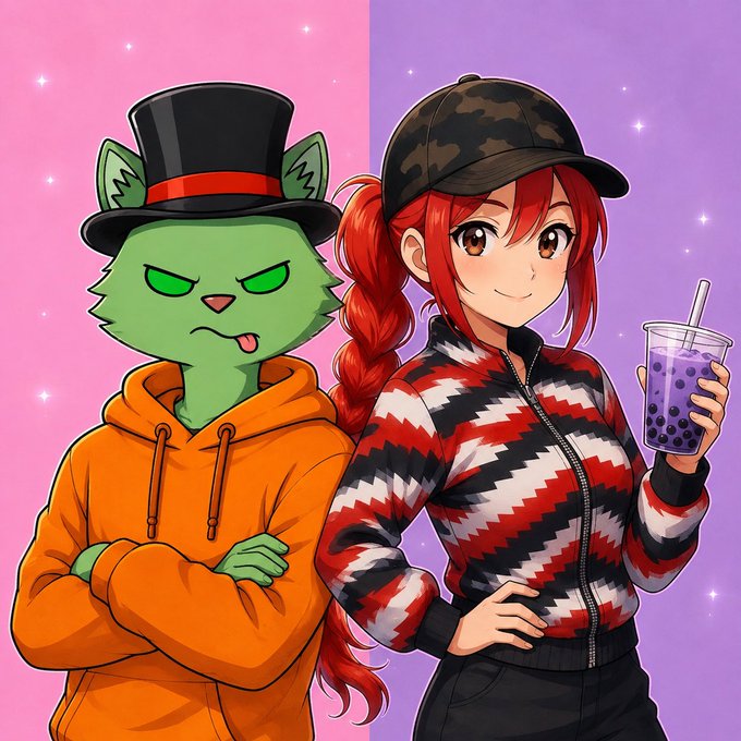 An anime-style illustration of two characters: a green cat-like figure in a top hat and orange hoodie, and a red-haired girl in a camo cap and patterned jacket holding a boba drink, set against pink and purple backgrounds.