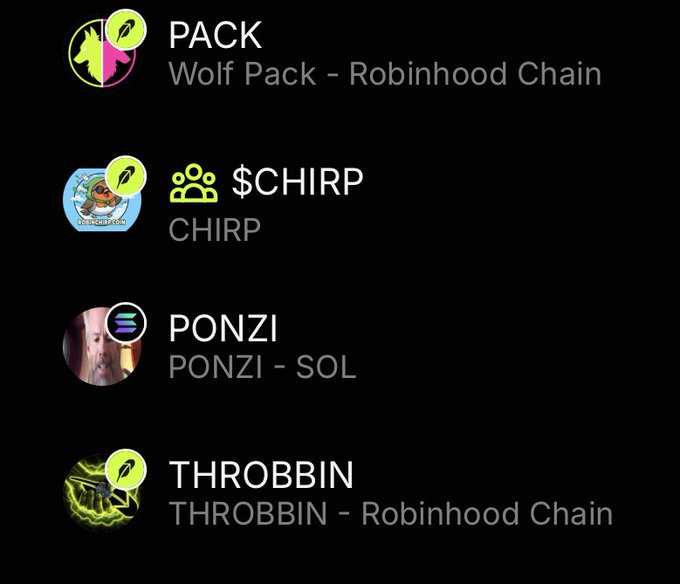 The image shows a list of four meme tokens displayed on what appears to be a crypto tracking app: PACK (Wolf Pack - Robinhood Chain), $CHIRP (CHIRP), PONZI (PONZI - SOL), and THROBBIN (THROBBIN - Robinhood Chain). This aligns with the post noting that $CHIRP is climbing the poster's internal leaderboard among the tokens still held on the arena, alongside these other holdings.