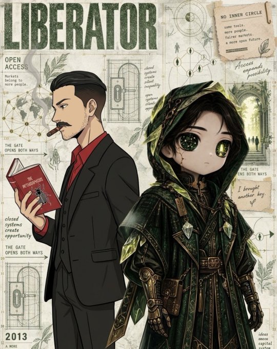 An illustration titled "LIBERATOR" featuring a man with a mustache in a suit holding a book ("The Metamorphosis") next to a green-cloaked anime-style character, surrounded by text like "OPEN ACCESS" and "THE GATE OPENS BOTH WAYS" with the year "2013" at the bottom.