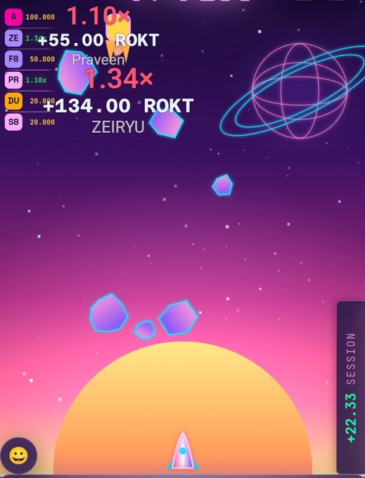 A screenshot of a space-themed game showing player names (Praveen, ZEIRYU) with multipliers (1.10x, 1.34x) and ROKT earnings (+55.00, +134.00) at the top, with a +22.33 SESSION timer on the right.