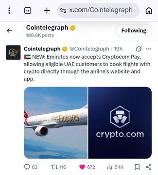 A screenshot from X (formerly Twitter) shows a Cointelegraph post announcing 'Emirates now accepts Cryptocom Pay, allowing eligible UAE customers to book flights with crypto directly through the airline's website and app.'