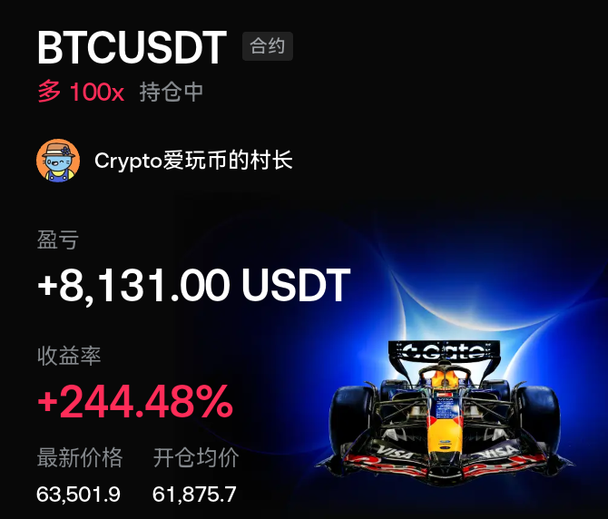 The image features a car racing scene with a red bull car at the center, surrounded by blue and purple lights. The background of the image displays a black background with white text that reads "btcUSDT", followed by a list of numbers in Chinese characters representing the value of Bitcoin at 8,1,100 US Dollars.