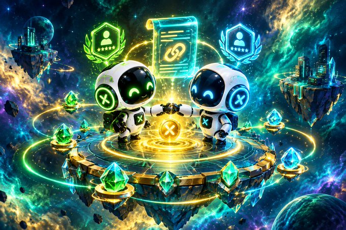 A vibrant digital artwork featuring two astronaut robots shaking hands on a glowing platform in a cosmic setting, surrounded by floating emerald crystals and badge icons with star ratings.