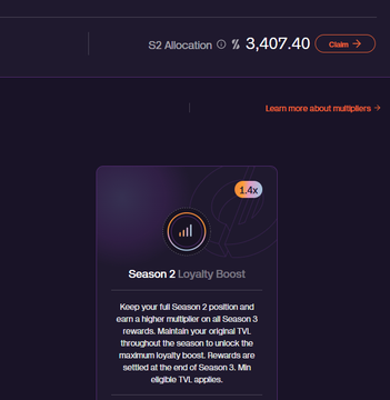 A dark-themed promotional graphic showing 'S2 Allocation' and 'Season 2 Loyalty Boost' with details about maintaining TVL through the season to earn multipliers.