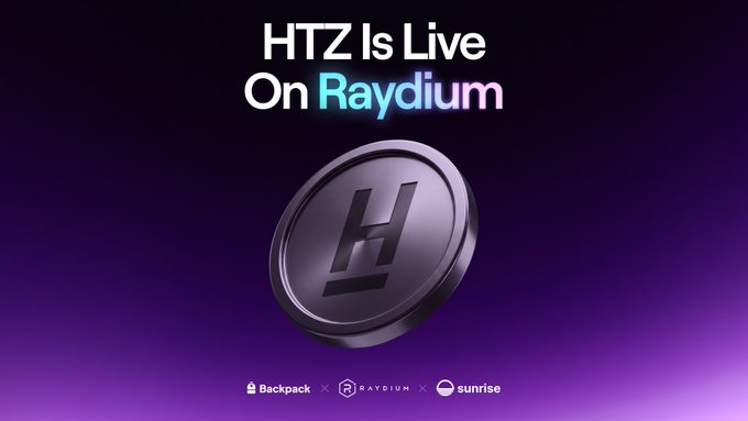 A promotional graphic announces "$HTZ Is Live On Raydium" in bold white and cyan text against a purple gradient background, featuring a metallic 3D coin embossed with the Hertz "H" logo at the center. At the bottom, partnership logos for Backpack, Raydium, and Sunrise are displayed, visually representing the listing of the Hertz token ($HTZ) on the Raydium DEX via Backpack Securities and Sunrise as announced in the post.