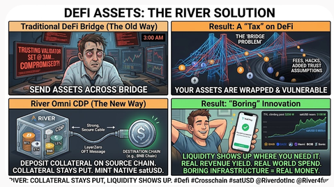 An infographic titled 'DEFI ASSETS: THE RIVER SOLUTION' comparing traditional DeFi bridges to 'River Omni CDP' with text like 'SEND ASSETS ACROSS BRIDGE' and 'BORING INNOVATION'.