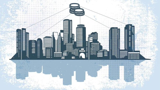 A stylized blue and white illustration of a city skyline with skyscrapers and coins floating above, connected by lines to the buildings, set against a grungy textured background.