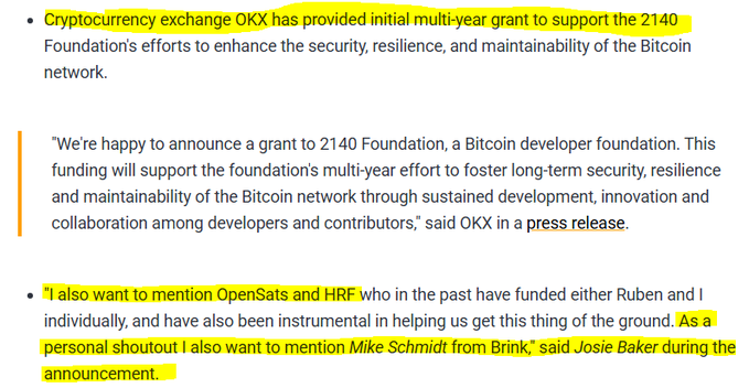 Article excerpt highlighting that cryptocurrency exchange OKX has provided an initial multi-year grant to support the 2140 Foundation's Bitcoin network security efforts, with Josie Baker also mentioning OpenSats, HRF, and Mike Schmidt from Brink.