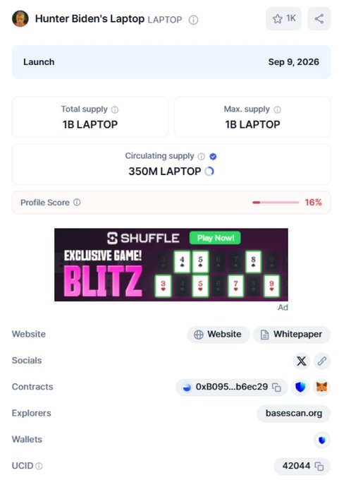 A cryptocurrency token page titled 'Hunter Biden's Laptop' showing a launch date of Sep 9, 2026, 1B total supply, and 350M circulating supply.