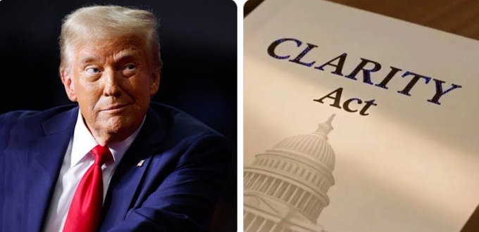 A split image showing Donald Trump in a blue suit and red tie on the left, and a document titled 'CLARITY Act' featuring the U.S. Capitol building on the right.