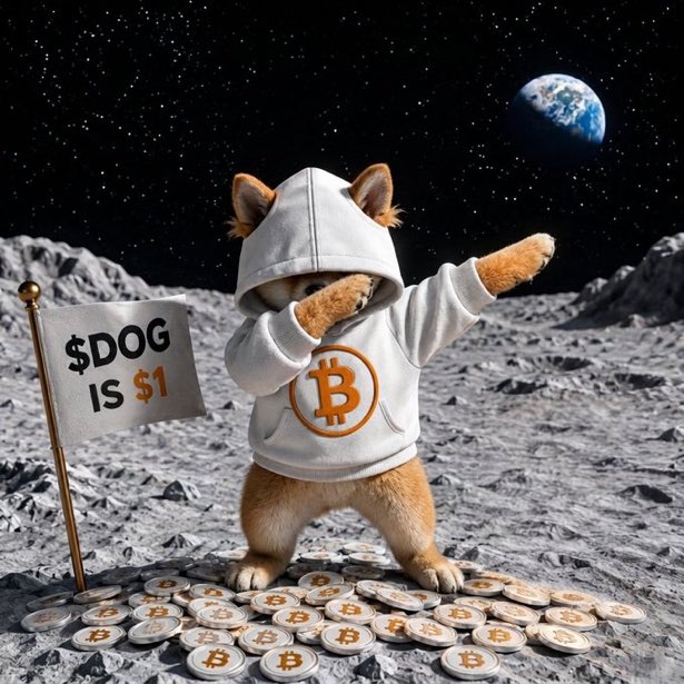 A Shiba Inu wearing a Bitcoin hoodie strikes a dab pose on the moon next to a flag reading "$DOG IS $1," surrounded by scattered Bitcoin coins with Earth visible in the background—imagining Dogecoin reaching dollar parity in a Bitcoin-dominated future, tying into the $DOG token referenced by @LeonidasNFT.