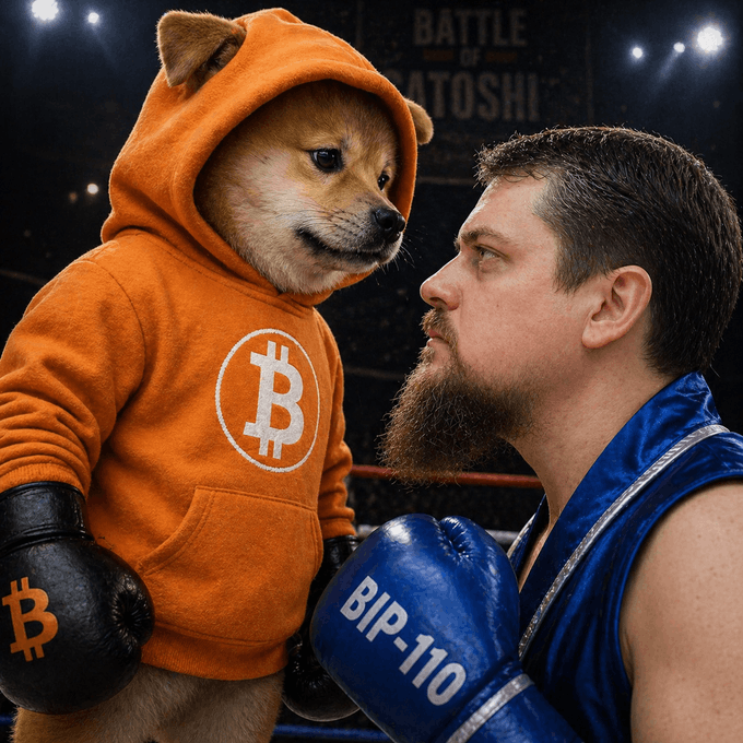 An AI-generated image shows a Shiba Inu dog wearing an orange Bitcoin hoodie with boxing gloves facing off against a bearded man in a blue robe with 'BIP-110' on his glove, in a 'Battle of Satoshi' arena.