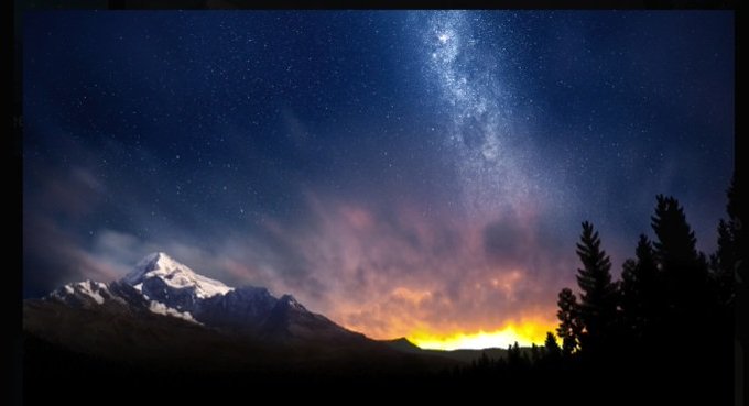 The image features a night sky with stars, mountains, trees, and a milky way. The scene includes a mountain range under a dark blue sky, which has white clouds scattered throughout. The sun is setting behind the mountains, creating a beautiful backdrop for the stars in the sky. The image also contains text that reads "قاعده رقم ليس شرط تحقق القيعان هو هبوط محفظتك اخرها في الصعود لا يوجد رقم نهائي (infinity) $ETH $BTC". The image is a stunning representation of the night sky and its natural beauty.