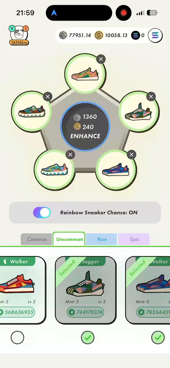 The image shows a phone screen displaying an app called "Rainbow Sneaker Chooser" with five different shoe options arranged around a circle, each with its own description. The app has a rating system for the shoes, which includes stars and numbers indicating their quality or popularity. There are also buttons on the bottom of the screen that allow users to navigate through the choices and select their preferred option.