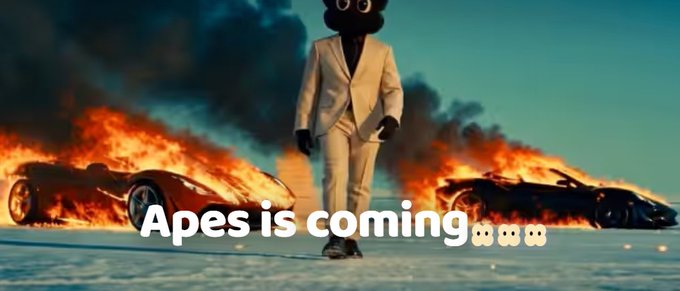 A figure in a black gorilla mask and white suit stands amid burning luxury cars on a salt flat, with overlaid text reading "Apes is coming..." paired with three shocked-face emojis. The dramatic, chaotic imagery visually reinforces the post's message about a shifting crypto meta, using the menacing gorilla "apes" symbolism to hype the new APESDOTAPP alpha project as an inevitable takeover for fatigued traders.