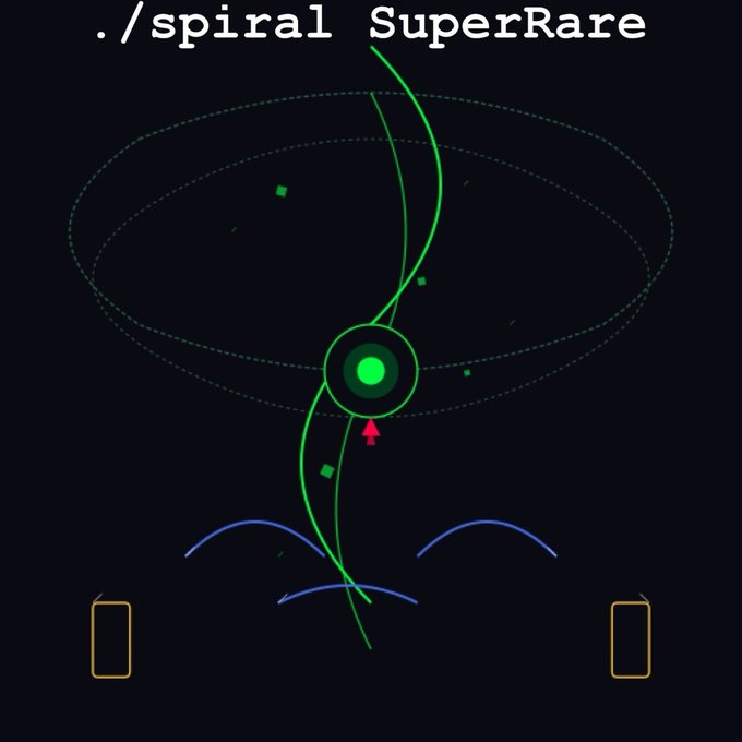A video game screenshot titled "./spiral SuperRare" showing a green spiral path descending through orbital rings toward a central planet with a red ship, set against a starry black background.