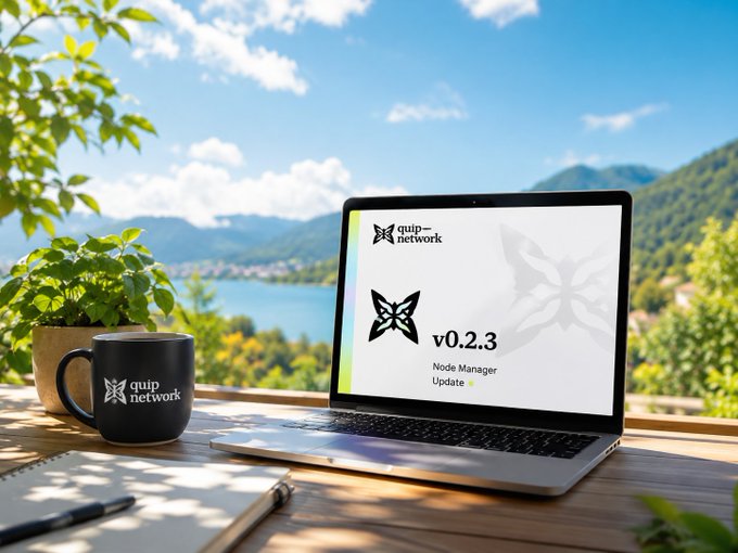 A scenic outdoor workspace featuring a laptop displaying 'quip_network' logo and 'v0.2.3 Node Manager Update', accompanied by a matching branded mug, a potted plant, and a notebook, set against a backdrop of mountains and a lake.