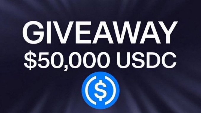 A promotional graphic announces a 'GIVEAWAY $50,000 USDC' featuring a blue USDC token logo against a dark background.