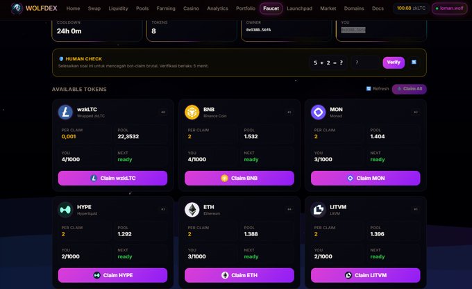 A screenshot of the WOLF DEX cryptocurrency platform's faucet page, showing a 24h volume of "24h 0m", 8 tokens, and claim options for cryptocurrencies including wxLTC, BNB, MON, HYPE, ETH, and LITVM.