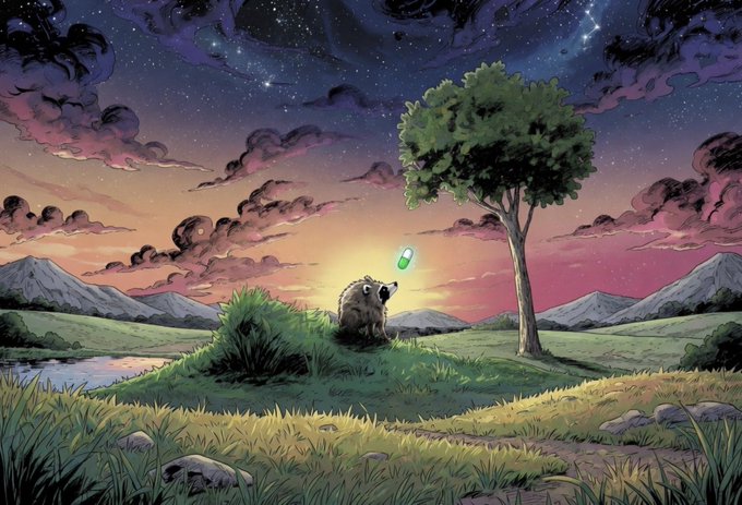 A raccoon stands on a grassy hill at twilight, gazing up at a glowing green capsule floating between it and a solitary tree under a starry sky. The whimsical scene reflects the post's playful tone, presenting "Jimothy" as the whimsical, carefree protagonist at the center of its own world.