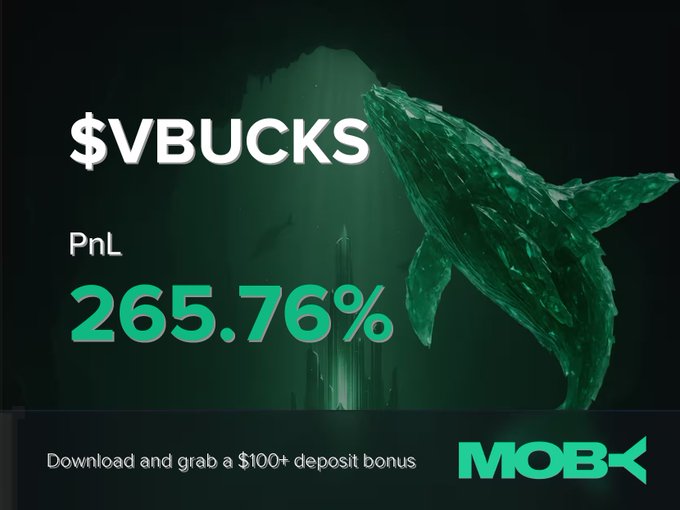 An advertisement graphic for $VBUCKS showing a PnL of 265.76% with an underwater scene featuring a whale and a trident, promoting MOB with the text 'Download and grab a $100+ deposit bonus'.