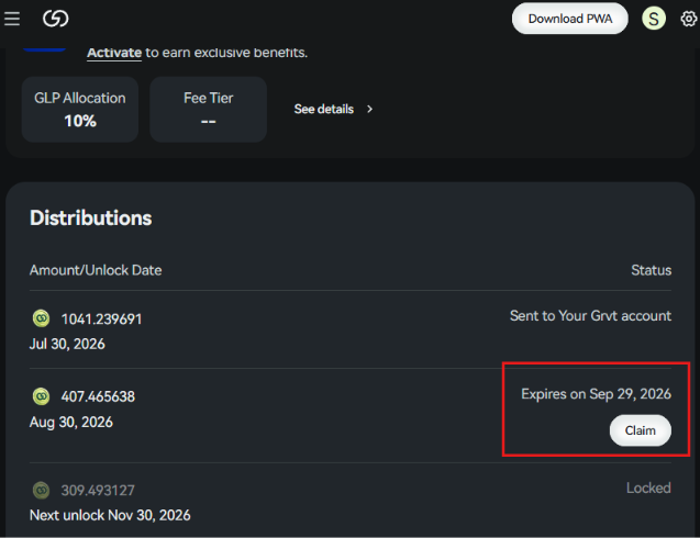 The image shows a GRVT exchange rewards dashboard displaying distribution details, with a highlighted vesting allocation of 407.465638 tokens set to expire on Sep 29, 2026, featuring a prominent "Claim" button. This corresponds to the post announcing that GRVT's second vesting claim is now live, prompting eligible users to log in and claim their available token allocation before it expires.