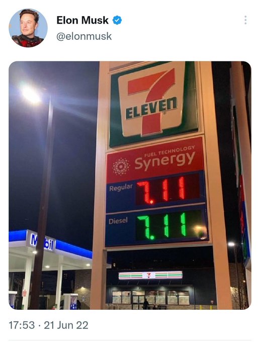 A 7-Eleven gas station sign displays fuel prices showing Regular at 7.11 (red) and Diesel at 7.11 (green), with Elon Musk's tweet captioned "Red to Green #XRP" referencing the price color transition as a nod to XRP cryptocurrency sentiment.