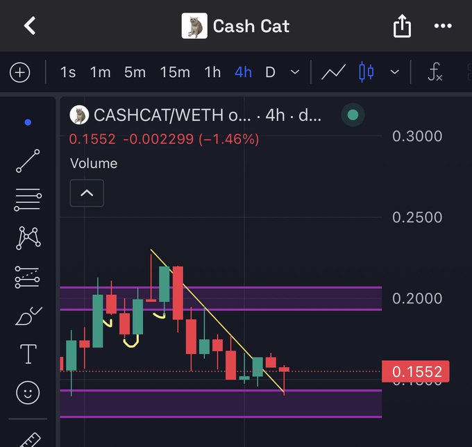 The image shows a TradingView chart for CASHCAT/WETH on the 4-hour timeframe, with the current price at 0.1552 (down -1.46%), displaying a descending trendline and horizontal purple support levels where price appears to be consolidating near the bottom. The bearish trendline and proximity to key support zones suggest a potential bottom forming, aligning with the post's speculation of a 360% next leg up if support holds.