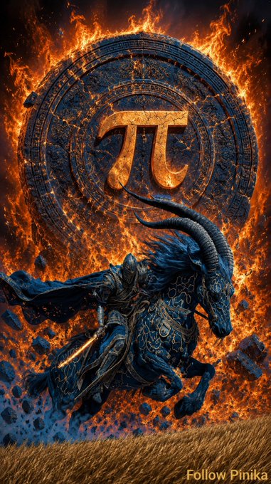 A dramatic digital artwork featuring a horned knight or warrior riding a dragon-like beast, set against a fiery backdrop with a glowing Greek letter pi (π) symbol in an ancient stone circle, watermarked 'Follow Pinika'.