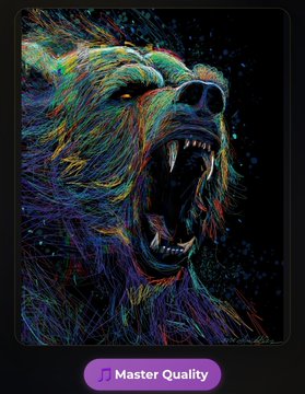 The image features an illustration of a bear with its mouth open wide, showing teeth. The background of the image is black, which contrasts with the colorful depiction of the bear's face. The caption below the image reads "Master Quality" and "Open Editions on @IMCollectibles_ - a first for the XRP Ledger Where supply isn'e capped by a number. It'S capped by the clock. With OE Minting, for a limited time window, anyone can mint".