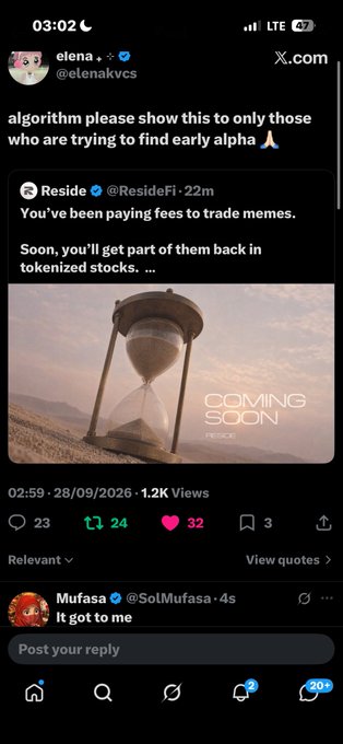 A Twitter/X post from elena (@elenakvcs) commenting on a ResideFi announcement about paying fees with memes and tokenized stocks, with an image of an hourglass and 'COMING SOON' text.