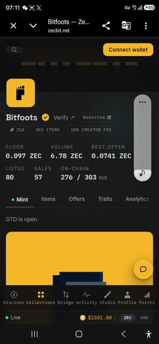 A mobile screenshot of the zecbit.net marketplace showing the 'Bitfoots' NFT collection with 303 items, a floor price of 0.097 ZEC, volume of 6.78 ZEC, and a wallet balance of $1501.00.