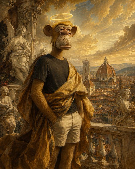 An anthropomorphic monkey wearing a black t-shirt, draped in golden fabric, and crowned with a halo stands on a classical balcony overlooking Florence, with the Duomo visible in the background. The whimsical, religious-style portrait juxtaposed with the simple "GM" (good morning) greeting playfully elevates a casual message into a grand, almost divine announcement.