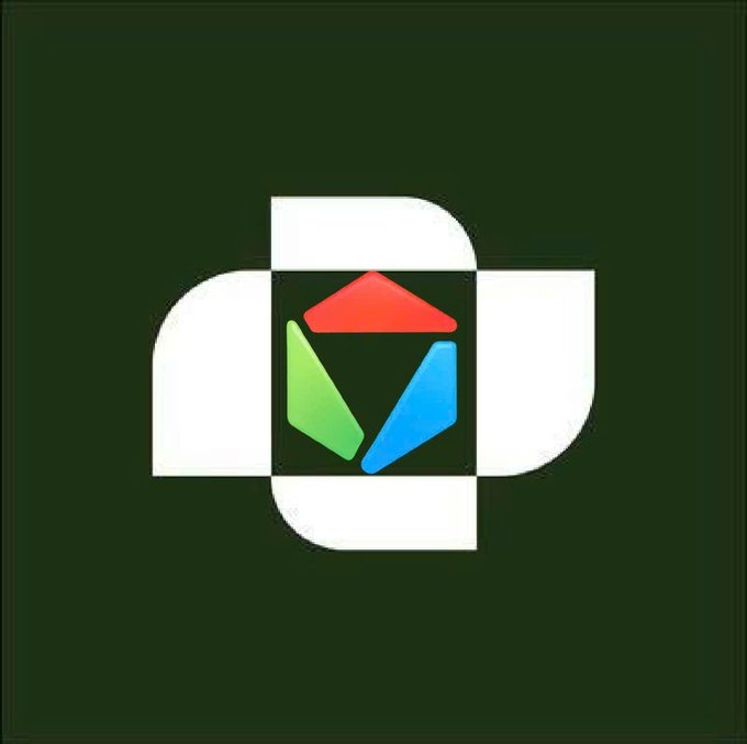 A square logo featuring a white plus/cross design with a central dark square containing three colored triangular shapes (red, green, and blue) arranged in a pinwheel pattern on a dark olive background.