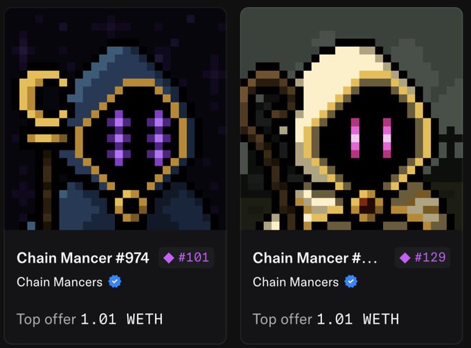 Two pixel-art NFT cards titled 'Chain Mancer #974' and 'Chain Mancer #...' from the Chain Mancers collection, each priced at a top offer of 1.01 WETH.