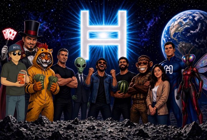 An illustrated group of diverse characters including a magician, tiger-suited figure, green alien, superhero, and winged insect-woman standing on a lunar surface with a large glowing 'H' and Earth in the background.