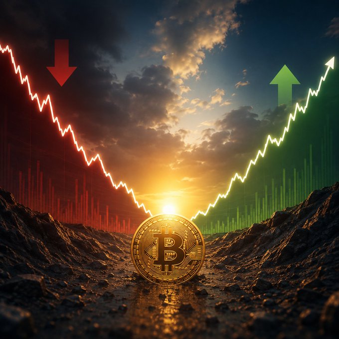 A dramatic image of a golden Bitcoin coin on rocky ground with a sunset sky, overlaid with a red downward chart line and arrow on the left and a green upward chart line and arrow on the right.